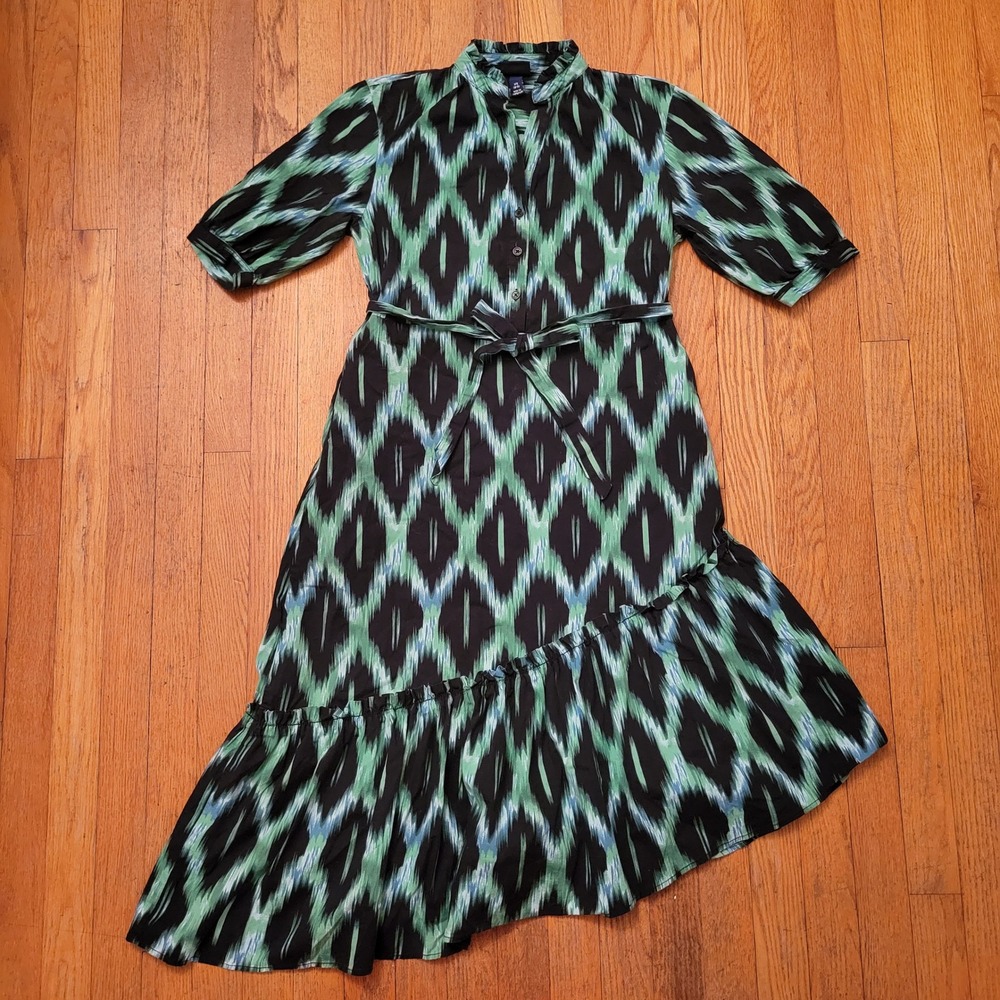 Scoop XS Midi Dress Green Black Ikat Print Ruffle Hem Tie Waist Modest Summer